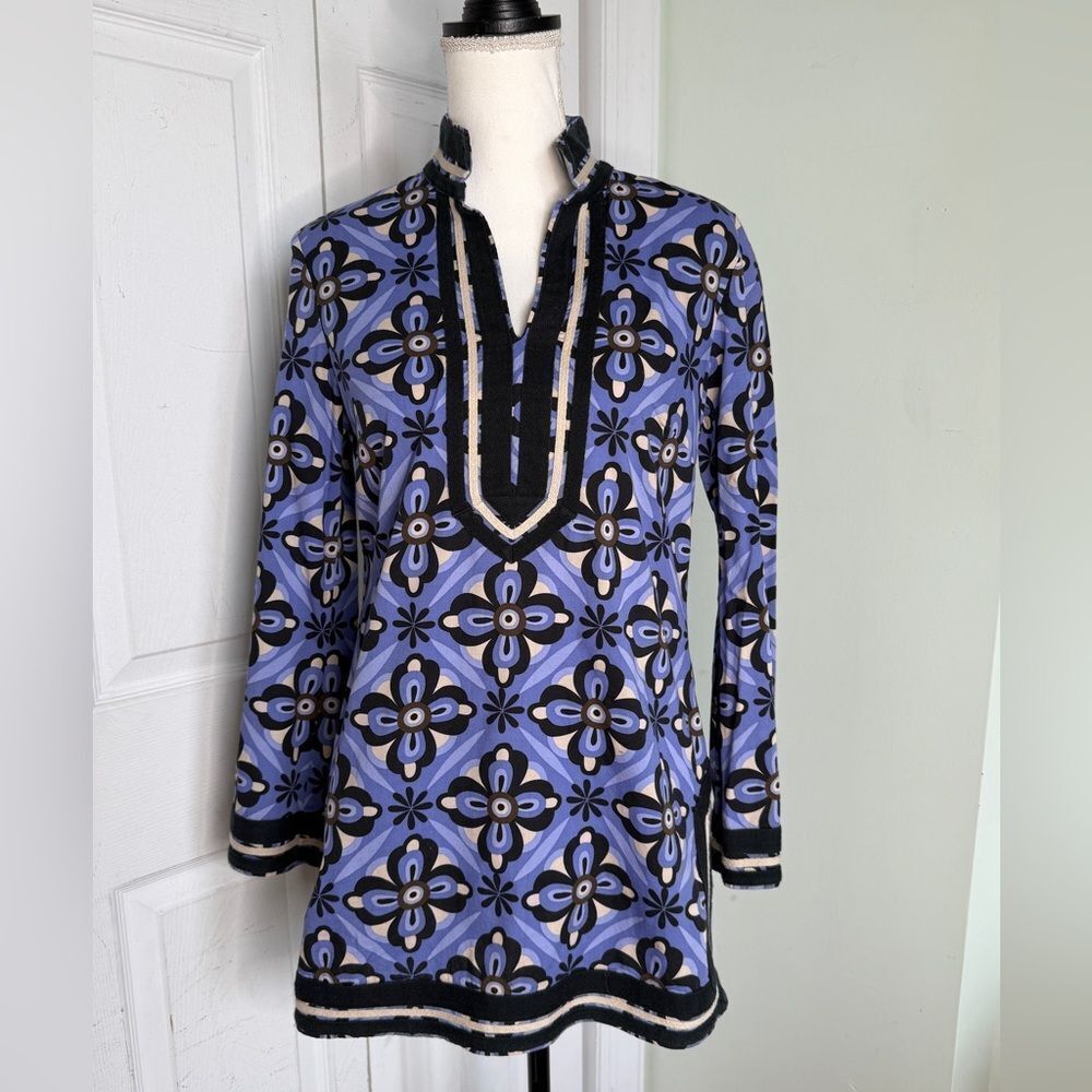 Y2k Lilac Black Bohemian Flower Power 70s Long Shirt By Dana Buchman